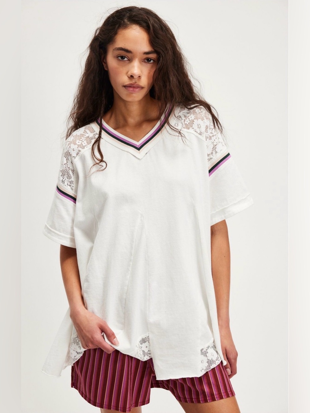 Free People Knockout Top Ivory Combo V-Neck with lace trim - size XS, like new!